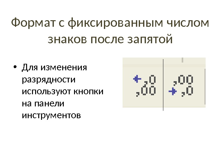 Два десятичных знака после запятой. 1 Десятичный знак после запятой. Фиксированной количество знаков после запятой. Формат % с 1 цифрой после запятой. Кнопка уменьшения разрядности чисел после запятой.