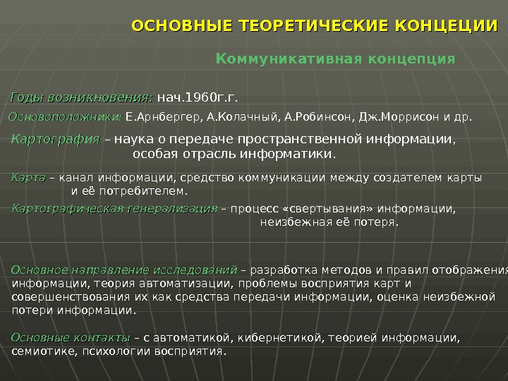 Наука о передаче информации. Коммуникативная концепция. Коммуникативная концепция информации. Основные теоретические концепции в картографии. Фундаментальные теории график.