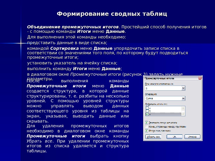 С помощью какой команды можно. Итогов и сводных таблиц. Создание промежуточных итогов и сводных таблиц. Этапы создания сводной таблицы. Алгоритм создания сводных таблиц.