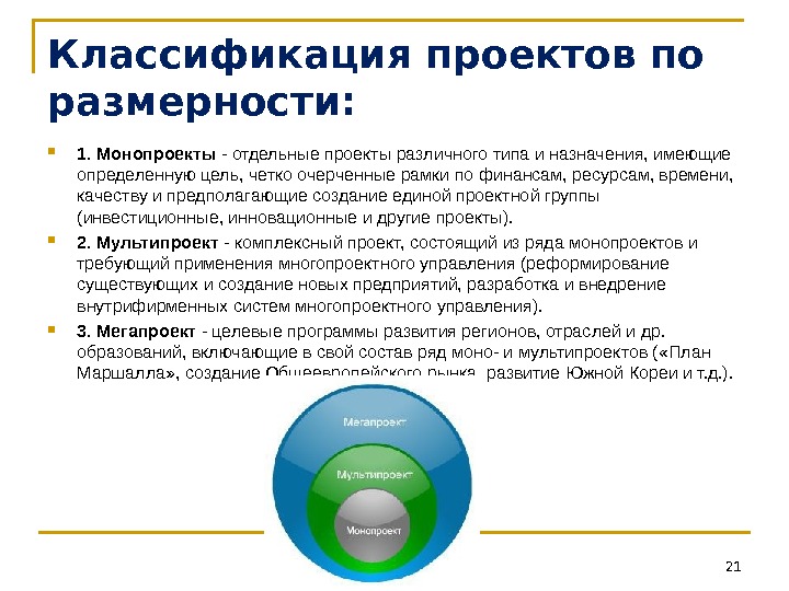 Различают следующие типы организационных проектов монопроекты мультипроекты и