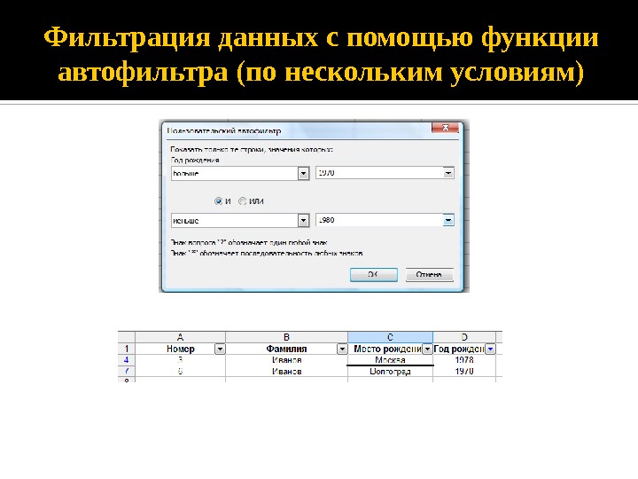 Некоторые условия. Фильтрация данных с помощью автофильтрации. Фильтрация данных с помощью формы. Общие сведения о фильтрации данных. Фильтрация данных. Автофильтр. Диаграммы.