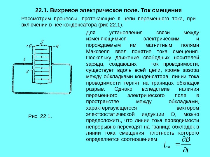 Магнитное поле конденсатора. Ток смещения между обкладками конденсатора. Ток смещения в конденсаторе. Вихревое электрическое поле. Ток смещения.. Понятие тока смещения.