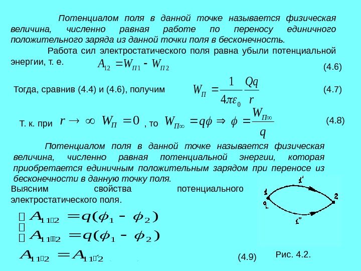 Положительного единичного заряда работу. Потенциал электрического поля в точке. Работа перемещения точечного заряда в электрическом поле.. Потенциал точечного положительного заряда. Работа электростатического поля при перемещении заряда.