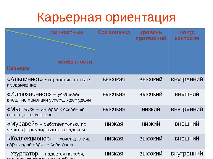 Характеристика карьера. Карьерные ориентации. Тип карьерной ориентации личности. Профессиональные карьерные ориентации. Карьерные типы личности.