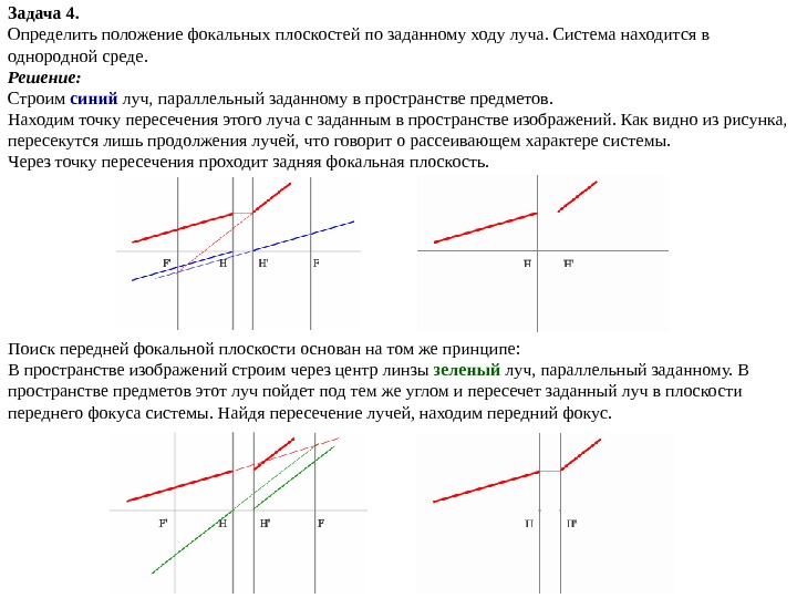 Пересечение лучей. Пересечение луча и плоскости. Положение фокальной плоскости. Определение фокальной плоскости. Построение луча с помощью фокальной плоскости.