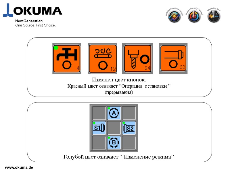 >www.okuma.de New Generation One Source. First Choice. Изменен цвет кнопок. Красный цвет означает “Операции