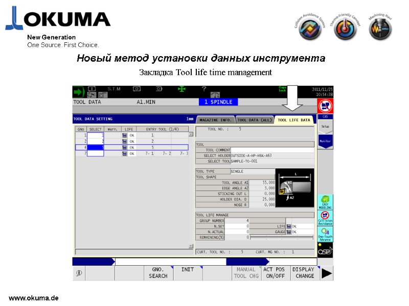 >www.okuma.de New Generation One Source. First Choice.   Закладка Tool life time management