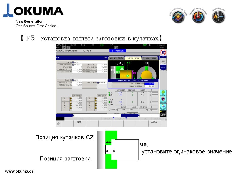 >www.okuma.de New Generation One Source. First Choice. 【 F５ Установка вылета заготовки в кулачках】