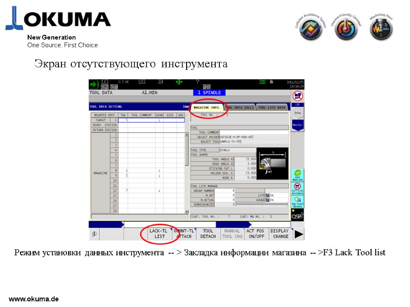 >www.okuma.de New Generation One Source. First Choice. Экран отсутствующего инструмента Режим установки данных инструмента