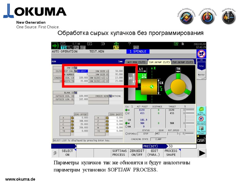 >www.okuma.de New Generation One Source. First Choice. Обработка сырых кулачков без программирования Параметры кулачков