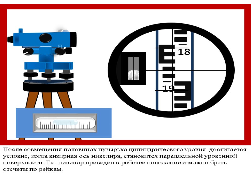 >После совмещения половинок пузырька цилиндрического уровня  достигается условие, когда визирная ось нивелира, становится
