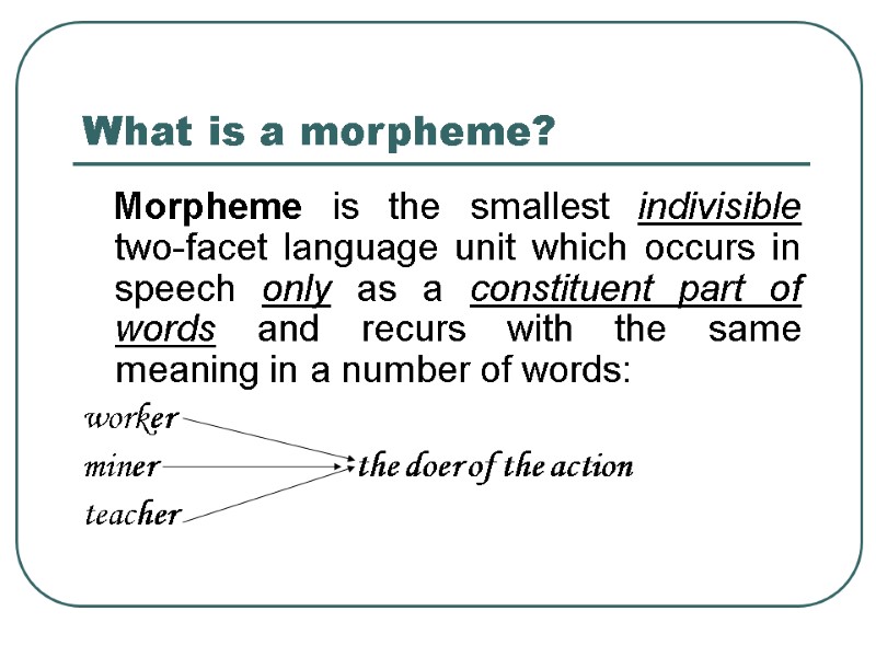 >What is a morpheme?    Morpheme is the smallest indivisible two-facet language