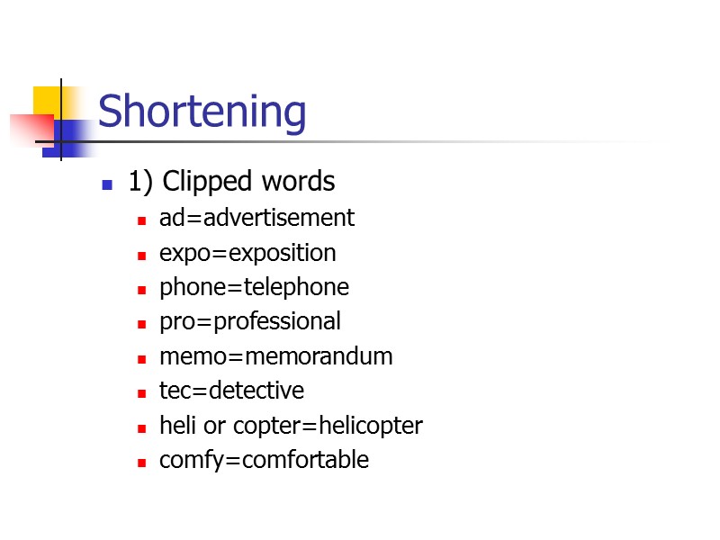 Shortening (Clipping or Curtailment) Types of shortening or abbreviation 1) clipped words: those created