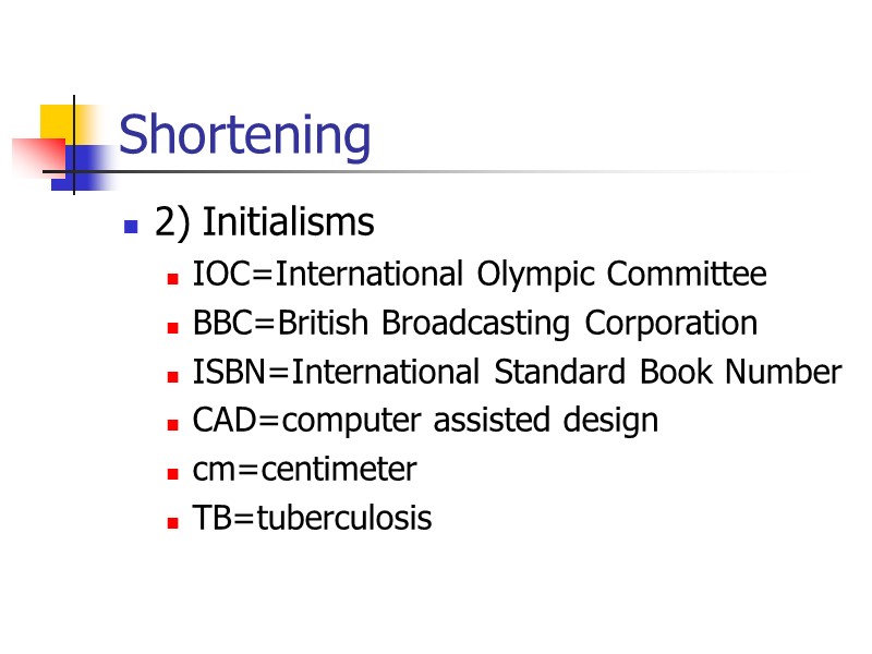 Shortening Types of shortening or abbreviation 3) acronyms: words formed from the initial letters