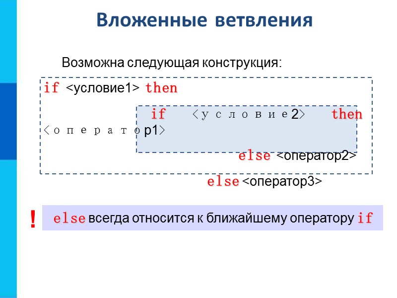 Опорный конспект Условный оператор if <условие> then <оператор_1> else <оператор_2> if <условие> then <оператор>