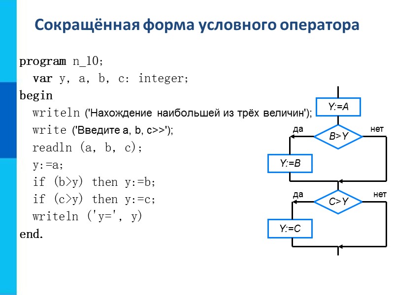 Вложенные ветвления       Возможна следующая конструкция: if <условие1> then