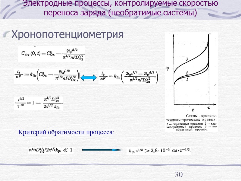 24 Хроноамперометрия Пренебрегая скоростью анодного процесса В общем случае Сравнение с диффузионным током i/ig=1