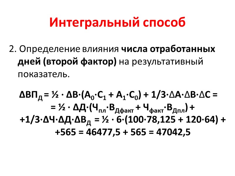 Интегральный способ Двухфакторная модель:  Y = А∙В  ∆YА  = ∆А∙В0 +