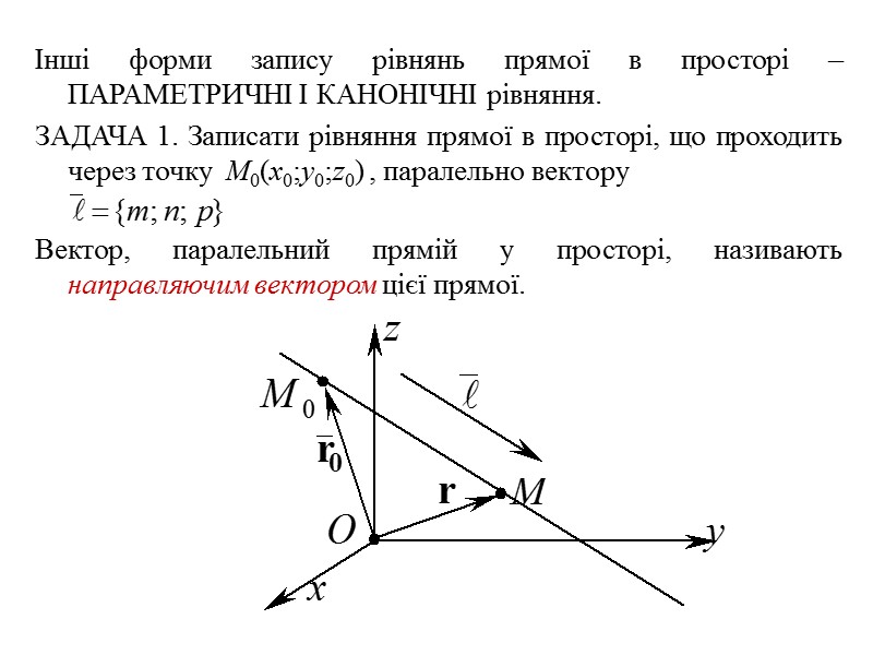 2. Інші форми запису рівняння площини 1) Рівняння площини, що проходить через точку паралельно
