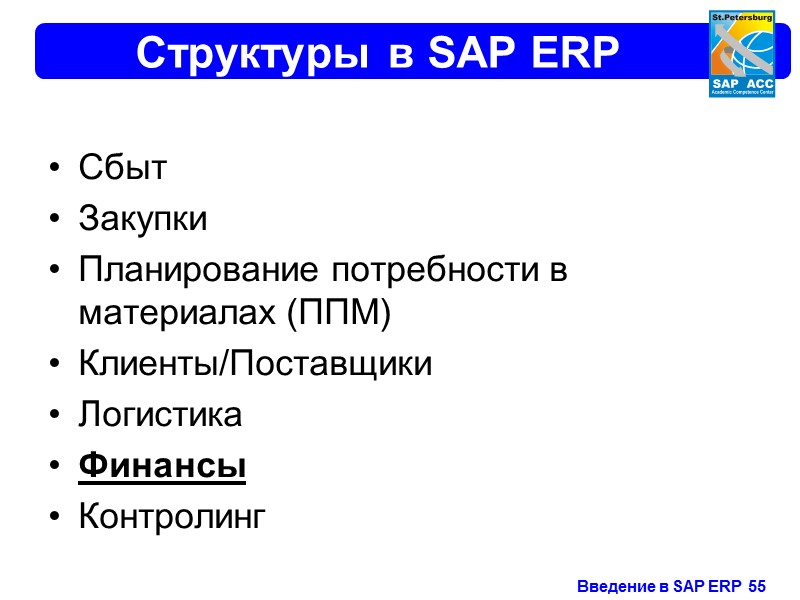 Структуры в SAP ERP Сбыт Закупки Планирование потребности в материалах (ППМ) Клиенты/Поставщики Логистика Финансы