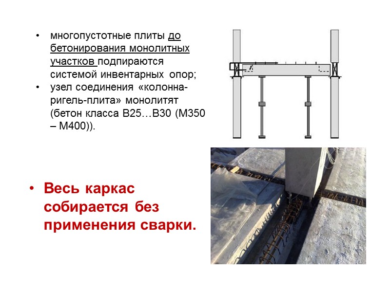 многопустотные плиты до бетонирования монолитных участков подпираются системой инвентарных опор; узел соединения «колонна-ригель-плита» монолитят