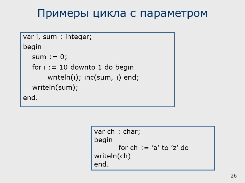 19 Пример 1 Program primer3; Uses crt; Var day: byte; Begin Wtiteln (‘введите номер