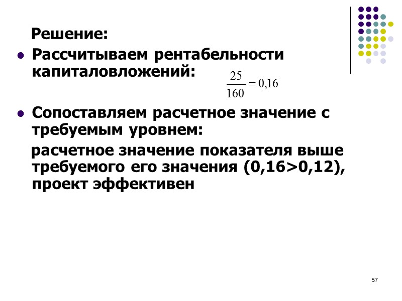 53 Рентабельность капиталовложений в проект  где,   ЭР – рентабельность капитальных вложений,