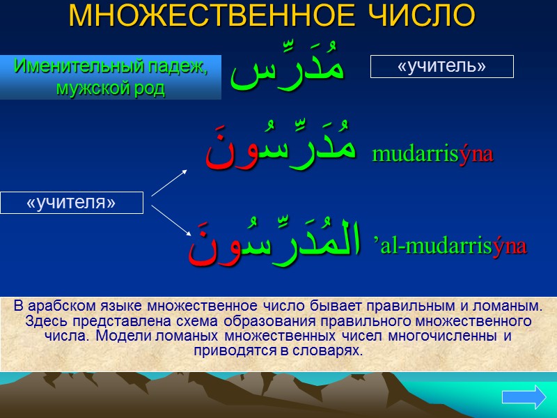 ЕДИНСТВЕННОЕ ЧИСЛО Именительный падеж باب ٌ bæb-un الباب ُ ’al-bæb-u «дверь»