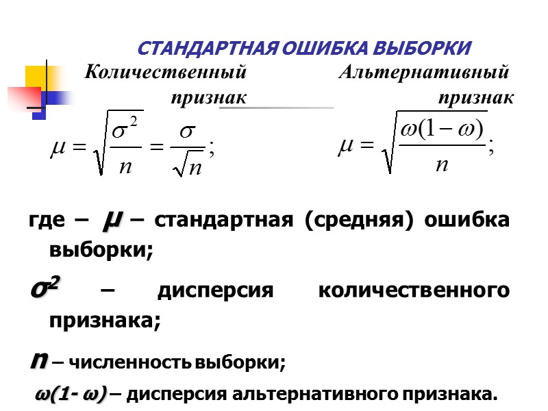 Для определения численности выборки по этим формулам необходимо знать дисперсию (σ2) и предельную ошибку