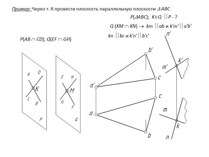 Пример: Найти точку пересечения прямой АВ с плоскостью треугольника Алгоритм: 1). АB  Р