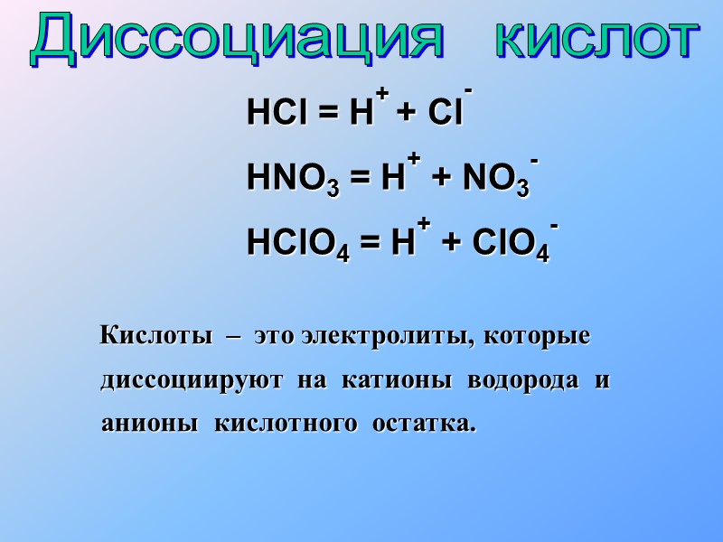 При диссоциации кислот образуются только катионы