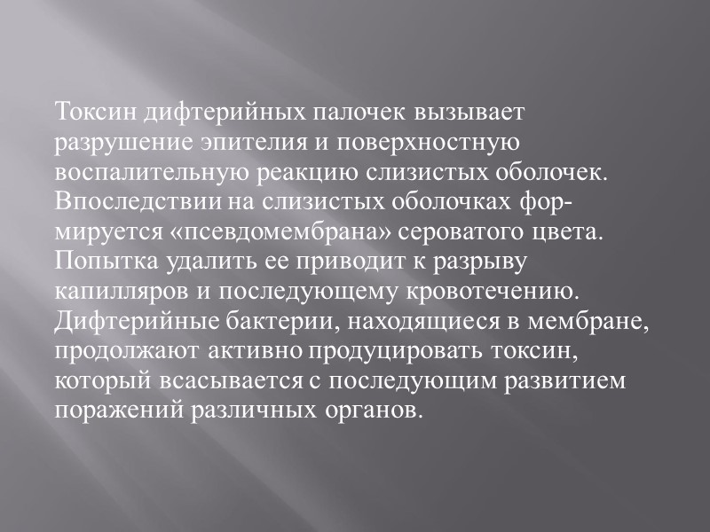 Токсин дифтерийных палочек вызывает разрушение эпителия и поверхностную воспалительную реакцию слизистых оболочек. Впоследствии на