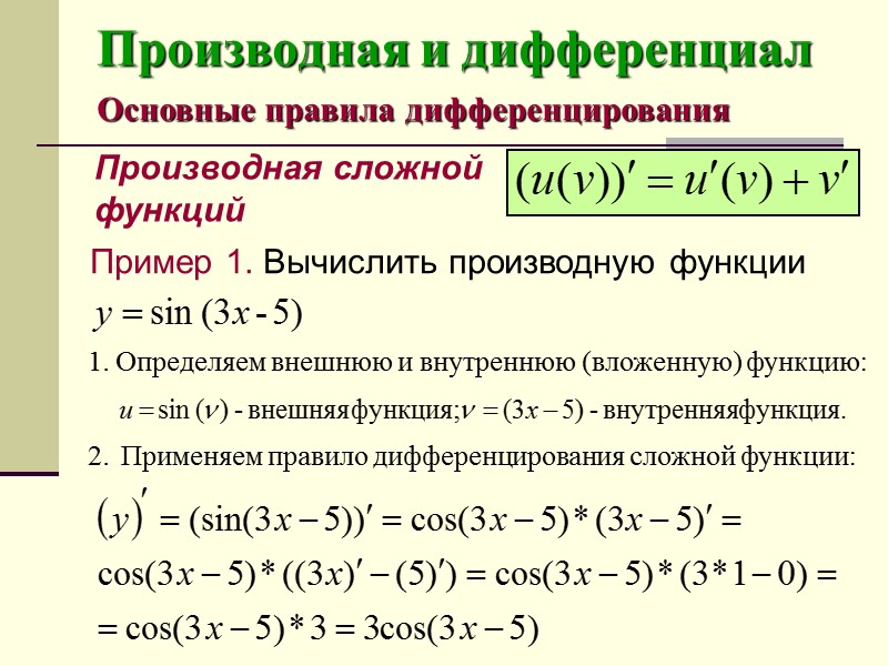 Производные сложных функций. Правило нахождения производной сложной функции. Формулу для вычисления производной суммы двух функций.. Правило дифференцирования производная сложной функции. 1. Найдите производную сложной функции.