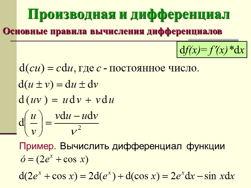 Большая производная. Дифференцирование функций производные, дифференциал.. Производная от отношения функций. Правило дифференцирования сложной функции. Нахождение производной по правилам дифференцирования.