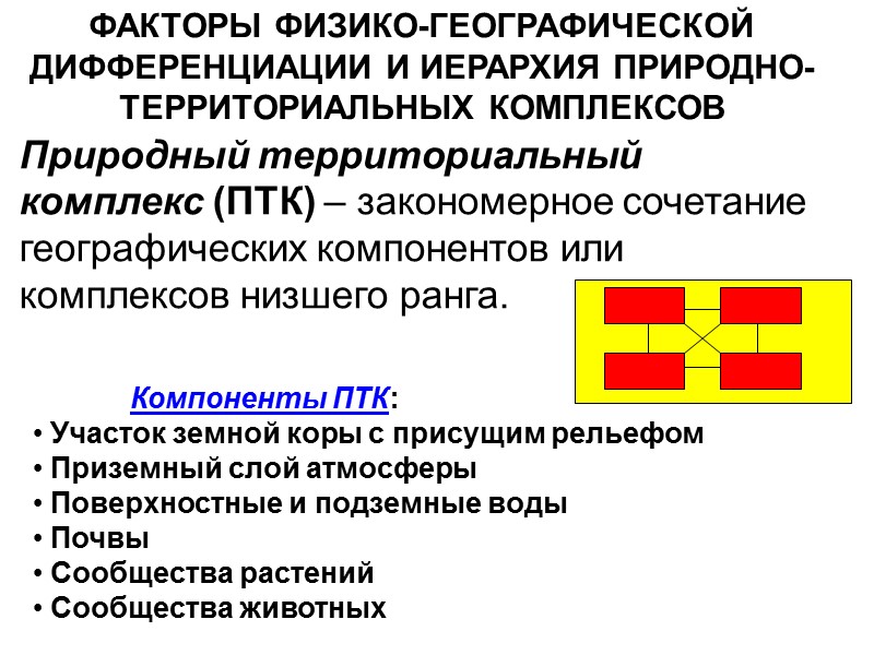 Природный территориальный комплекс (ПТК) – закономерное сочетание географических компонентов или комплексов низшего ранга. 