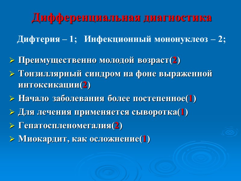 Дифференциальная диагностика Развивается второй волной болезни. Боль в зеве при глотании иррадиирующая в ухо,