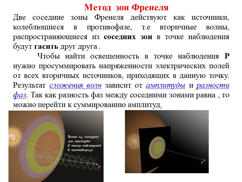 Метод зона. Принцип Френеля противофаза. Разность фаз напряженности поля в соседних зонах Френеля. Смежными зонами волн. Соседние зоны Френеля попарно гасят друг друга.