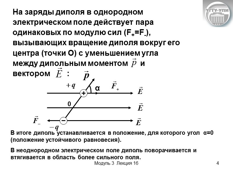 Модуль 3  Лекция 16 4 На заряды диполя в однородном электрическом поле действует