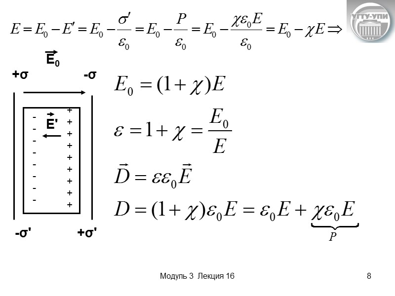 Модуль 3  Лекция 16 7 По определению Р: Как макродиполь: } d +