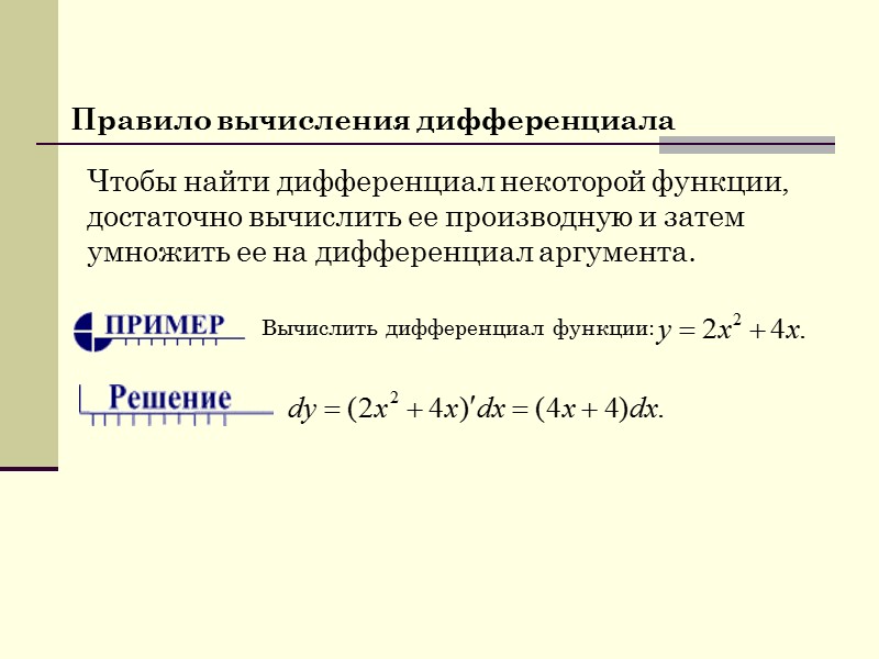 Правило вычисления дифференциала Чтобы найти дифференциал некоторой функции, достаточно вычислить ее производную и затем