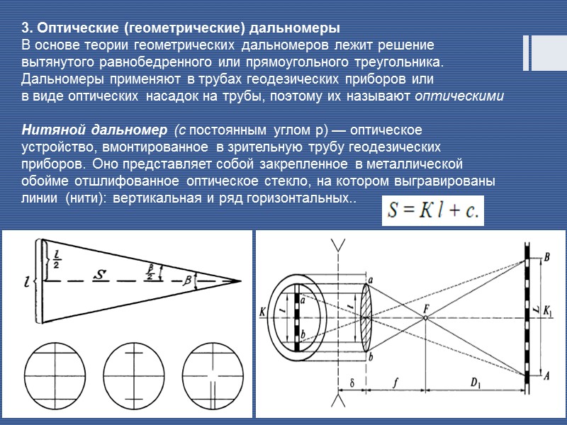 3. Оптические (геометрические) дальномеры  В основе теории геометрических дальномеров лежит решение вытянутого равнобедренного