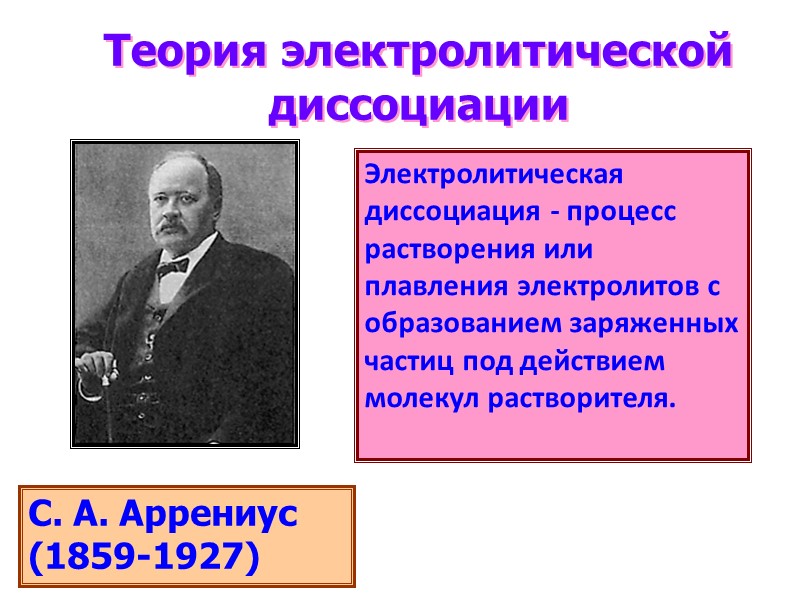 Теория электролитической диссоциации С. А. Аррениус (1859-1927) процесс растворения электролитов сопровождается образованием заряженных частиц,