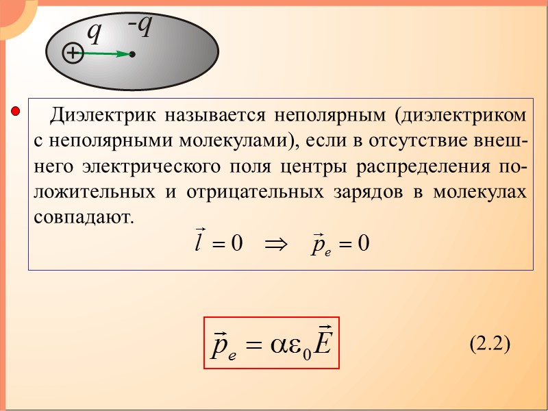 2. Внешнее поле Е ≠ 0. Неполярный диэлектрик:   Полярный диэлектрик: