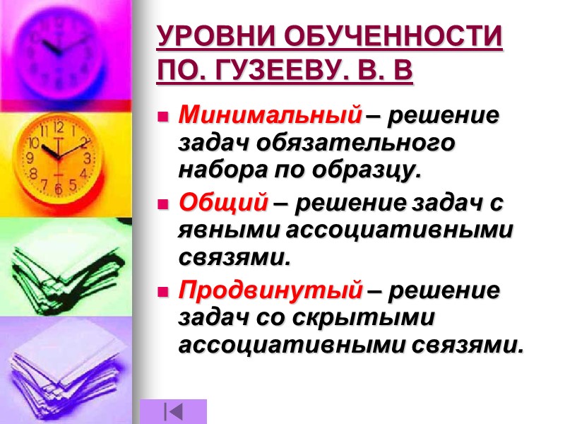 УРОВНИ ОБУЧЕННОСТИ ПО В. П. БЕСПАЛЬКО УРОВЕНЬ ЗНАКОМСТВА ЭВРИСТИЧЕСКИЙ  АЛГОРИТМИЧЕСКИЙ ТВОРЧЕСКИЙ содержание