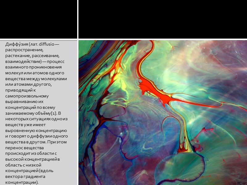 Диффу́зия (лат. diffusio — распространение, растекание, рассеивание, взаимодействие) — процесс взаимного проникновения молекул или