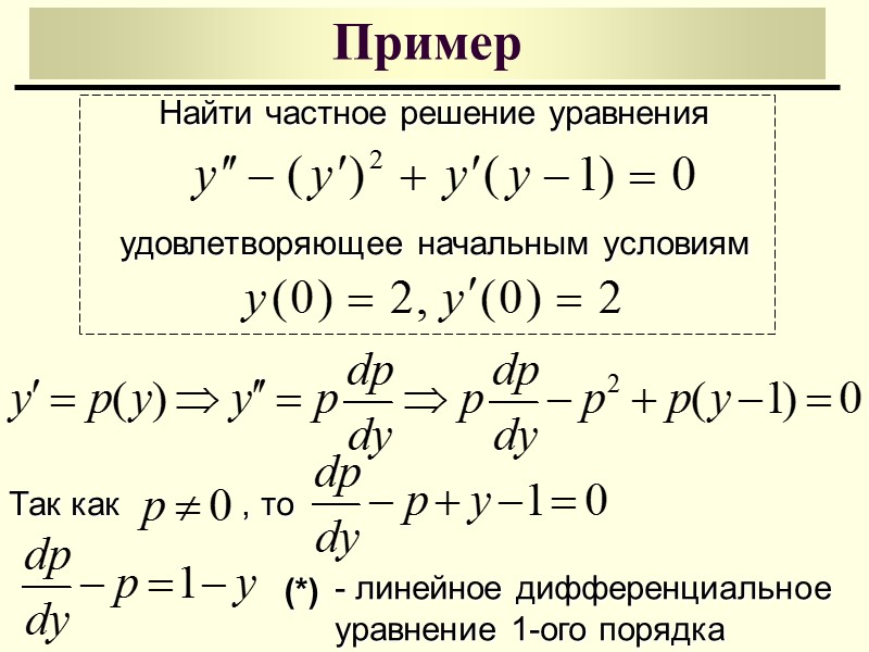 Уравнения, допускающие понижение порядка 2 тип дифференциальных уравнений  допускающих понижение порядка (2) Введем