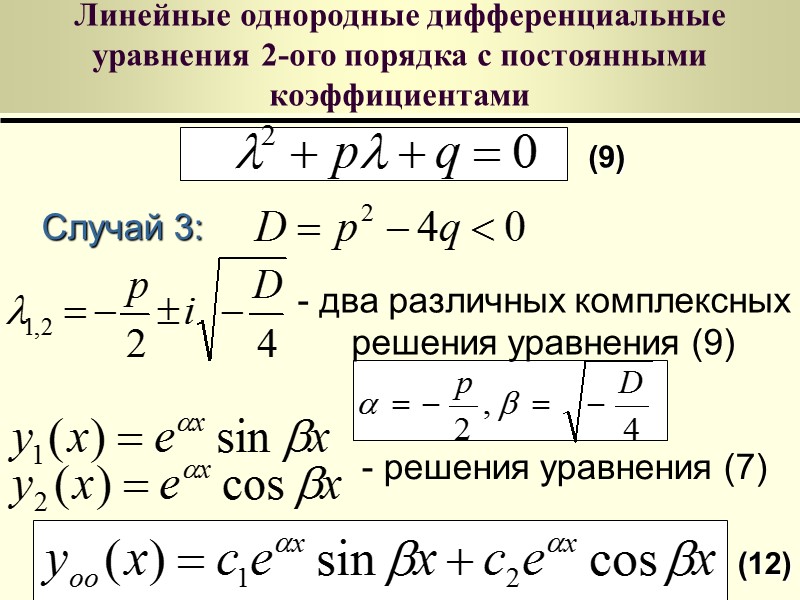 Линейные однородные дифференциальные уравнения 2-ого порядка с постоянными коэффициентами Случай 1: (9)  два