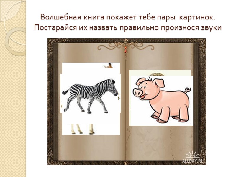 Волшебная книга покажет тебе пары  картинок. Постарайся их назвать правильно произнося звуки