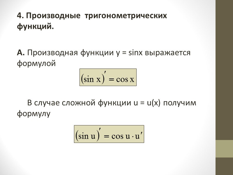 Производная тригонометрических функций презентация