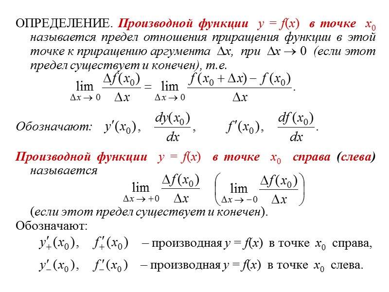 ОПРЕДЕЛЕНИЕ. Производной функции  y = f(x)  в точке  x0  называется